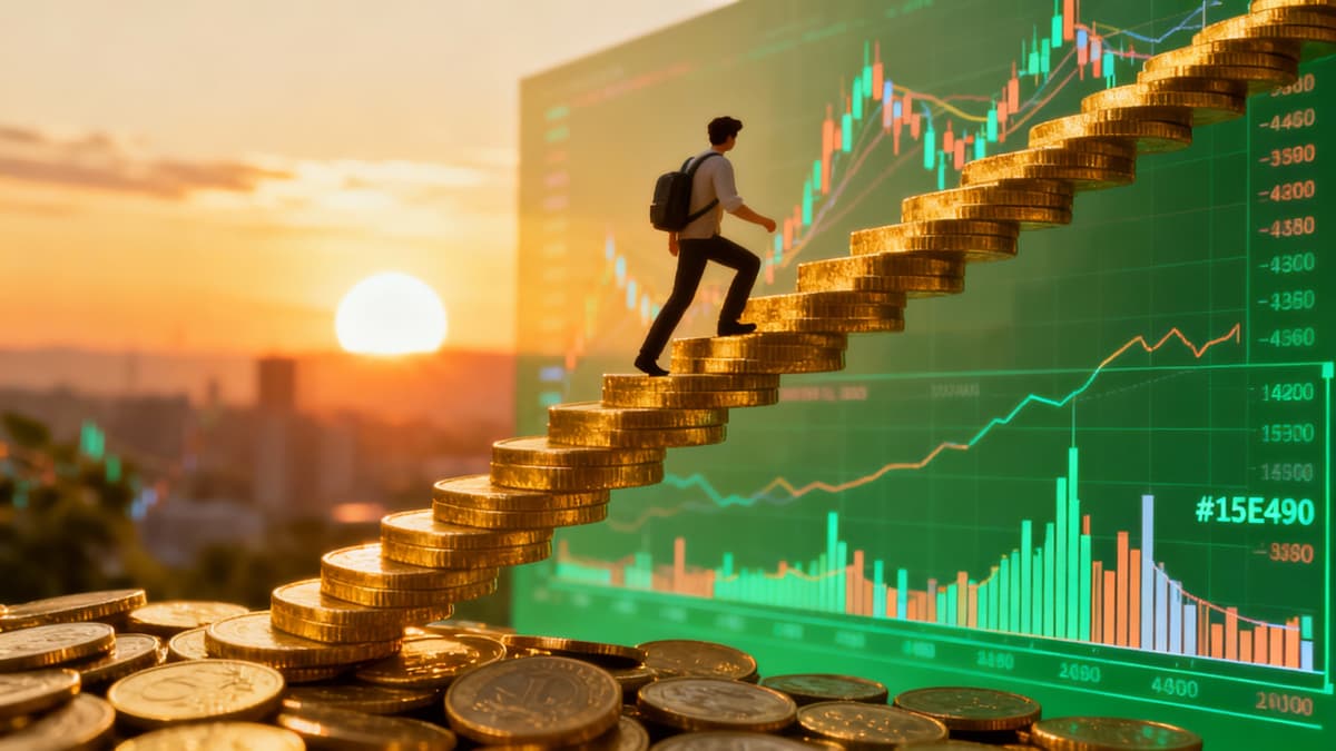 Financial freedom visualization showing wealth creation journey with golden staircase and success aesthetics