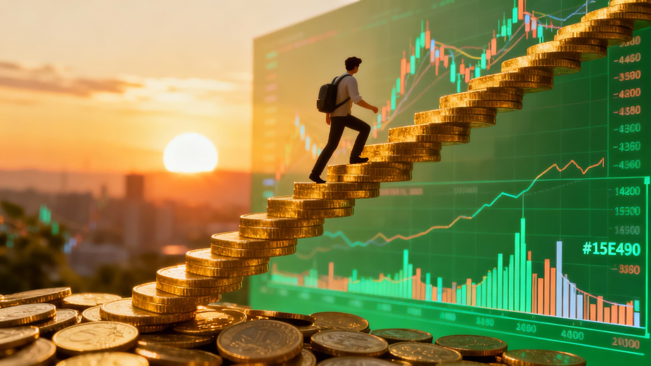 Financial freedom visualization showing wealth creation journey with golden staircase and success aesthetics