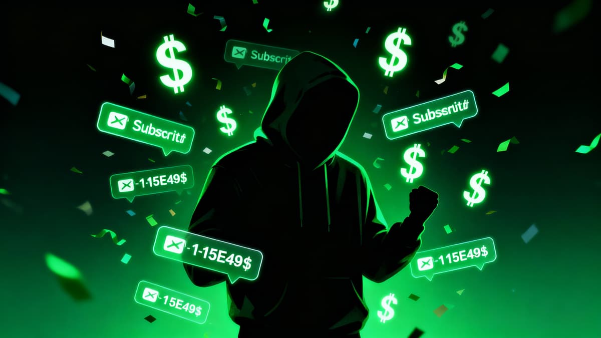 Faceless YouTube creator celebrating viral success with AI-generated content and subscriber notifications