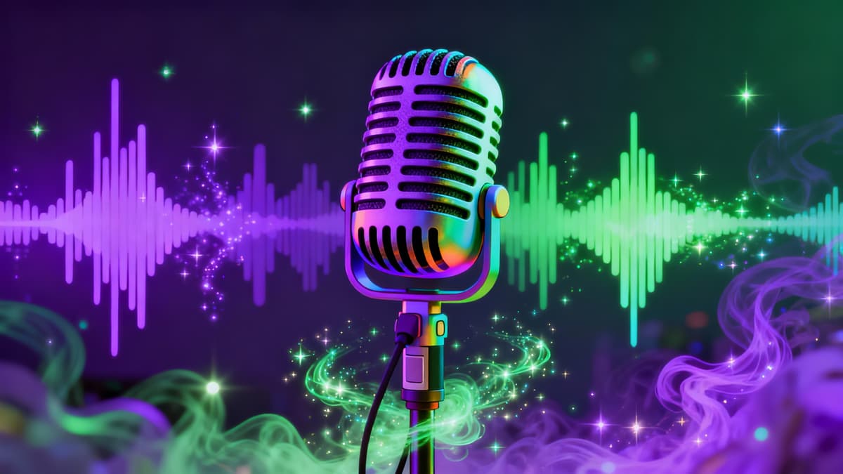 Magical voice transformation visualization showing sound waves morphing into cartoon character voice with AI cloning technology