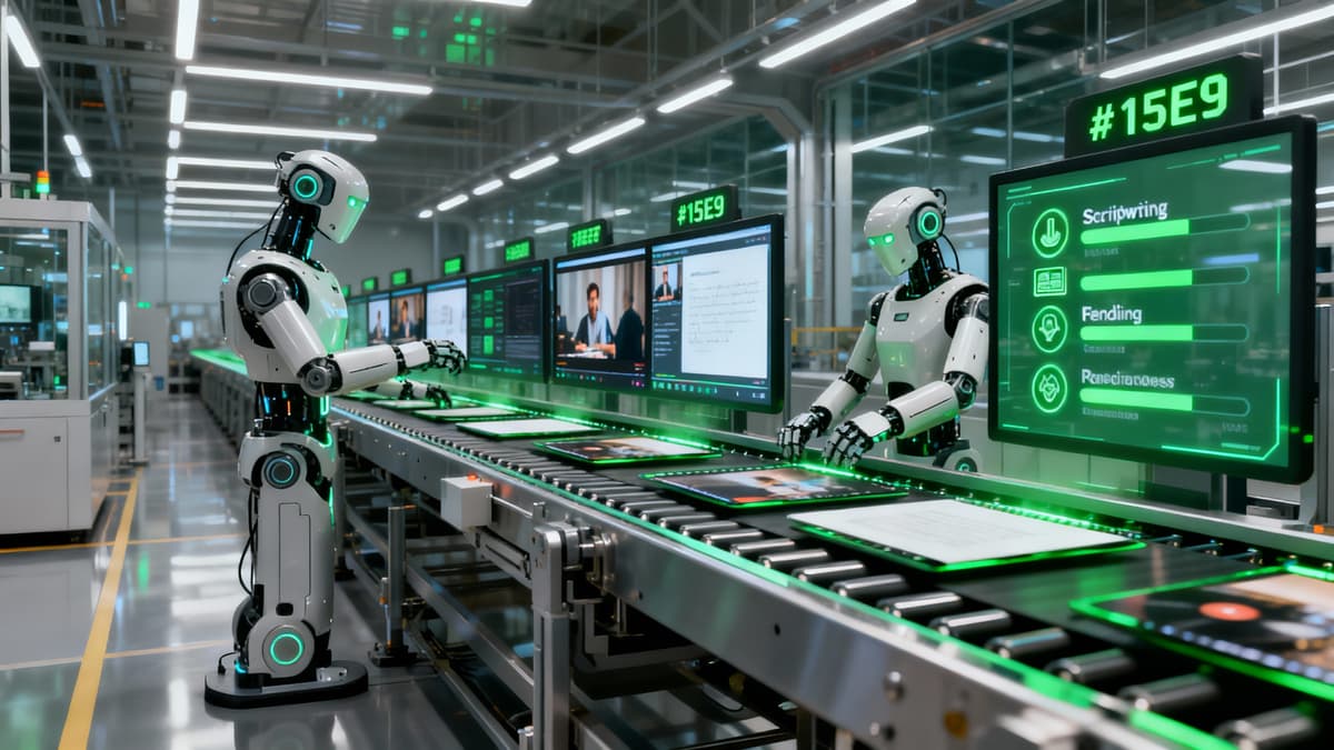 Automated content creation pipeline visualization with conveyor belts producing video thumbnails and content