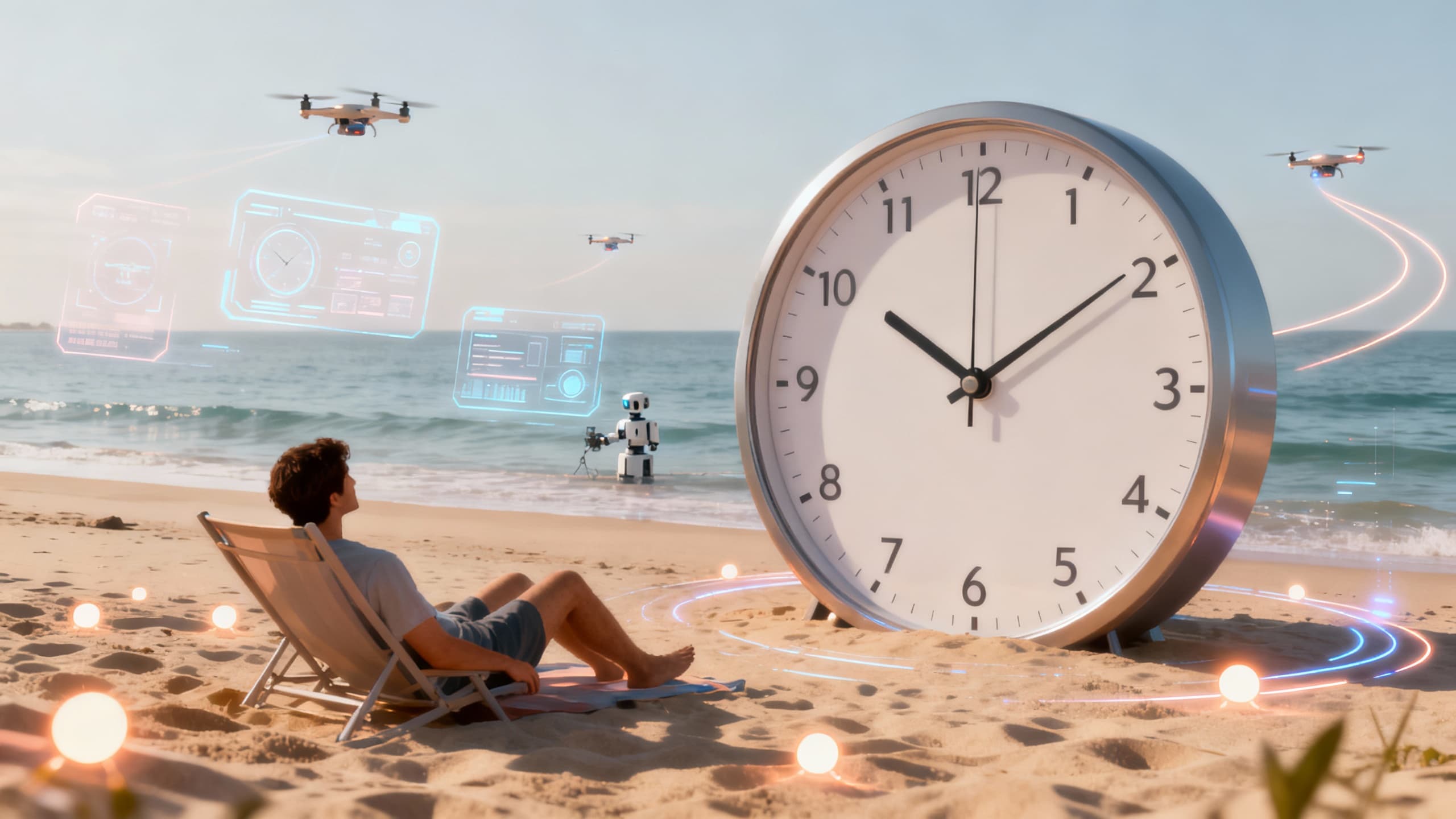 Person enjoying time freedom while automated systems handle content creation in the background