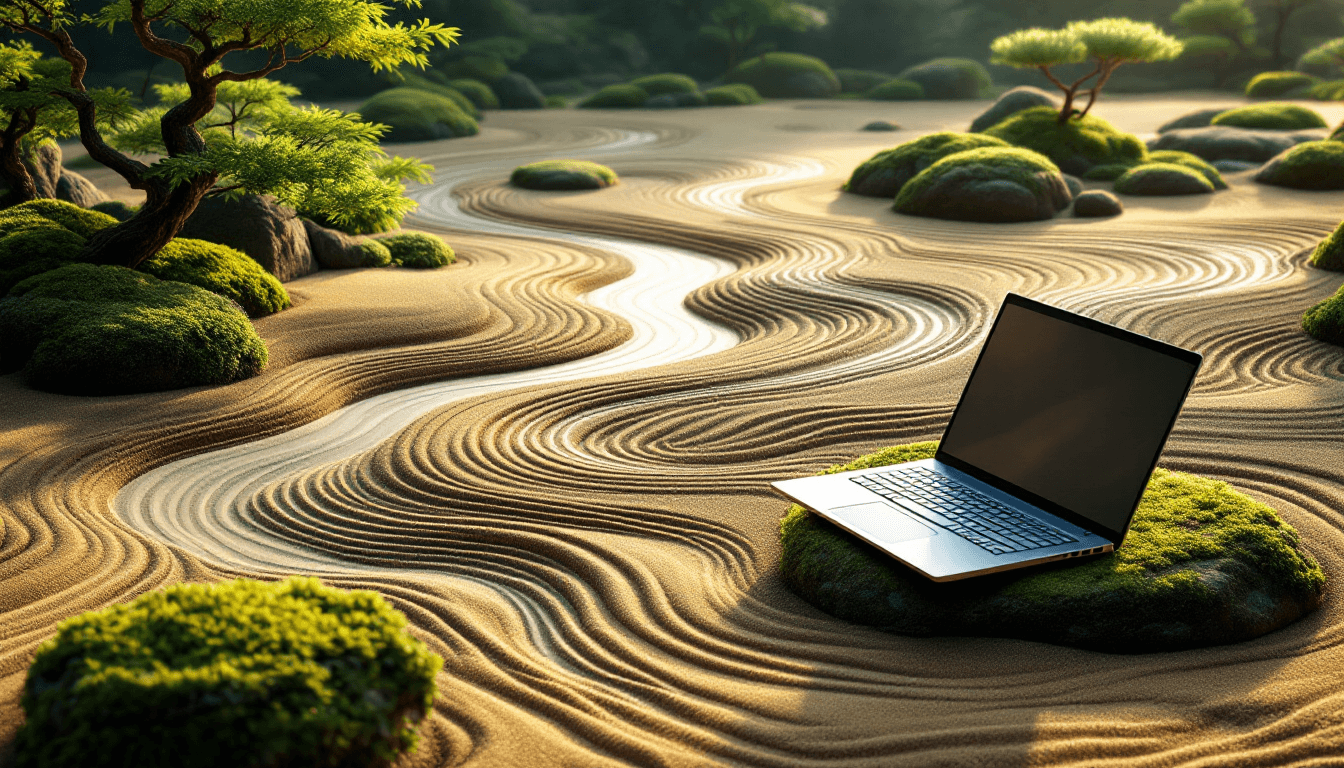 AI-powered passive income visualization showing automated content creation in a zen garden setting