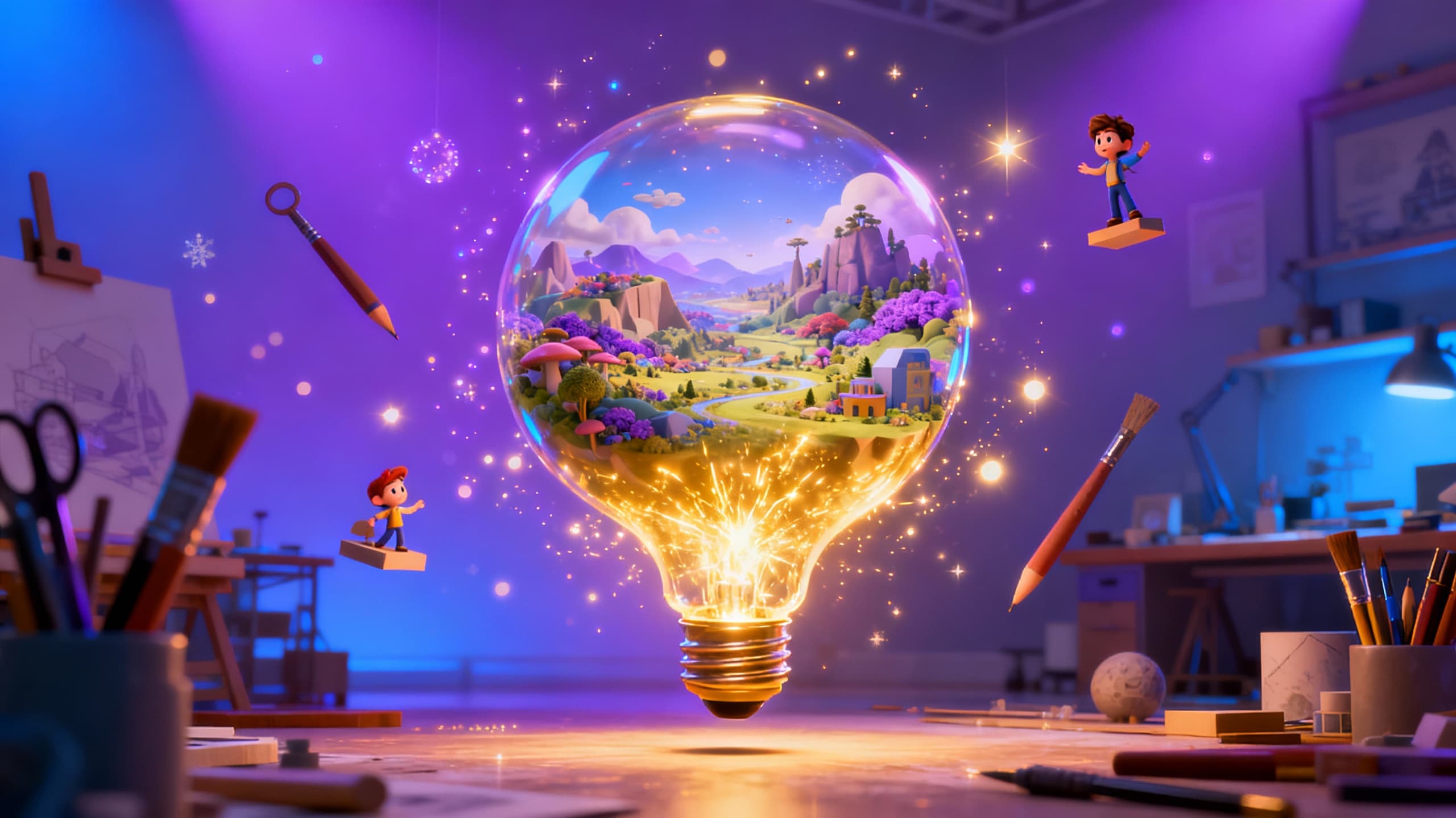 Pixar-quality 3D animated scene being magically created with cinematic lighting and purple gradients