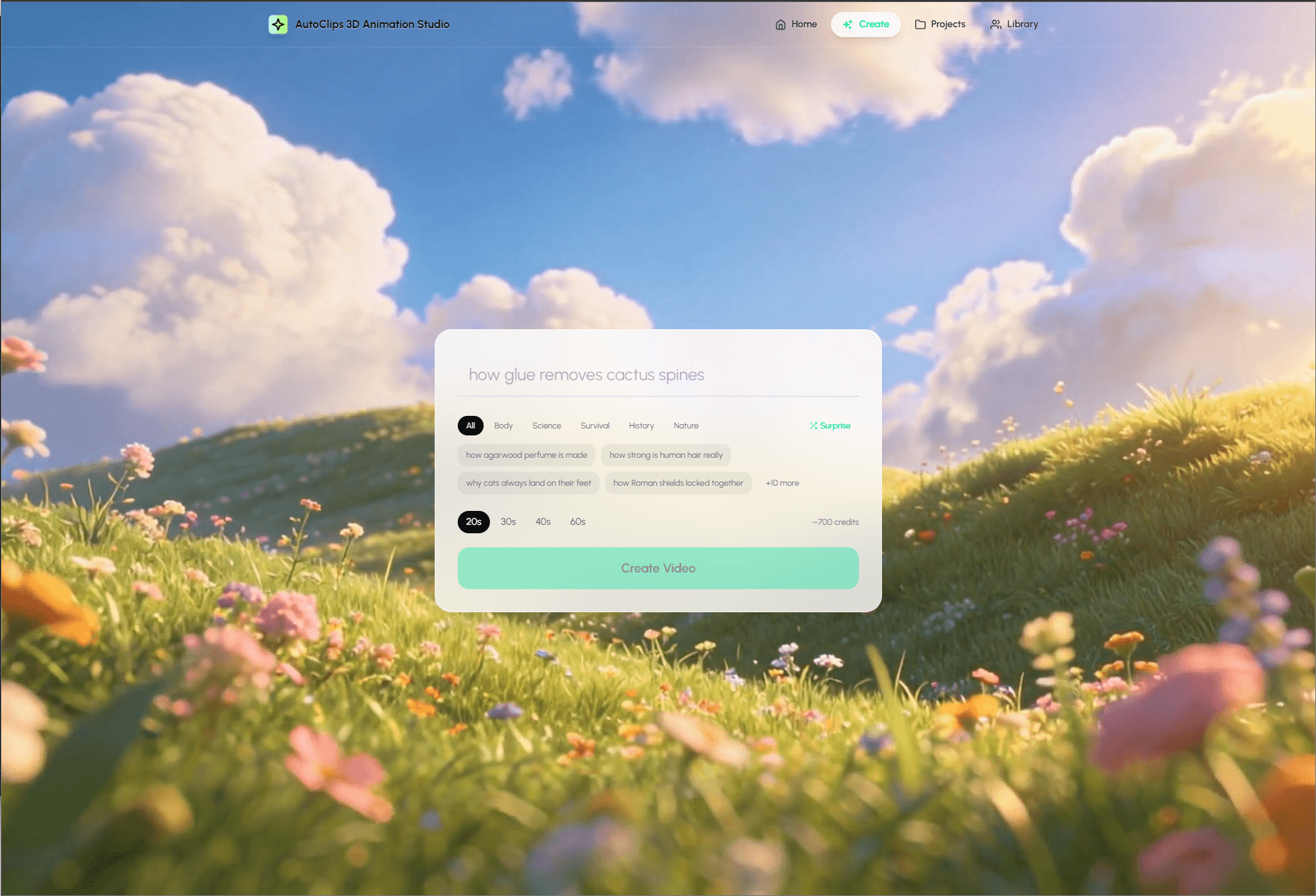 Autoclips 3D Animation Studio interface showing the prompt input area for creating Pixar-quality animated videos with AI