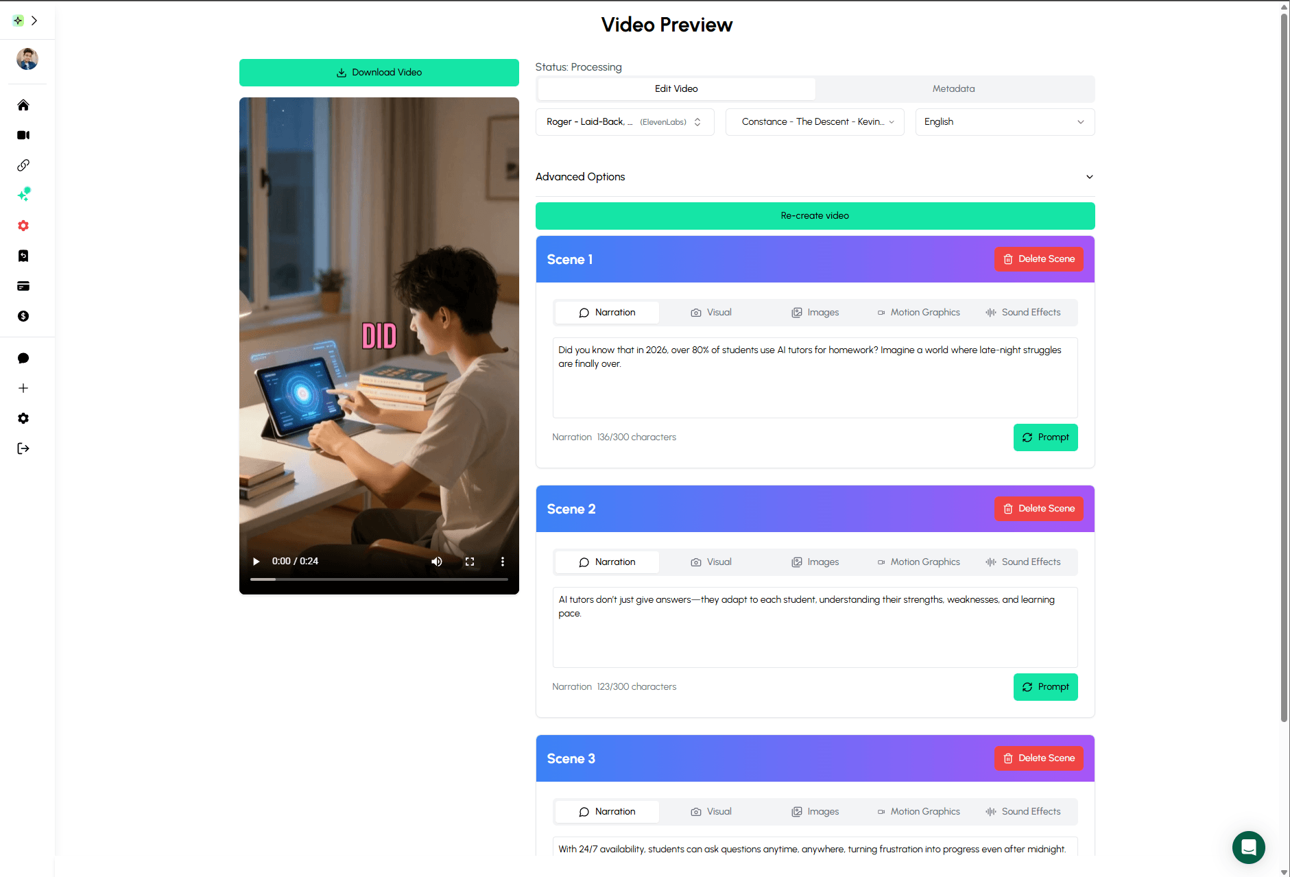 AutoClips Faceless AI video editing interface showing scene-by-scene editing and regeneration options