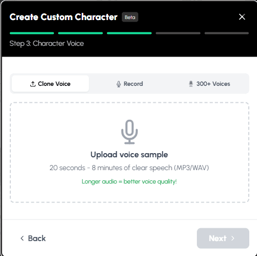 Autoclips voice cloning interface showing how to upload audio sample and create custom AI voice clone