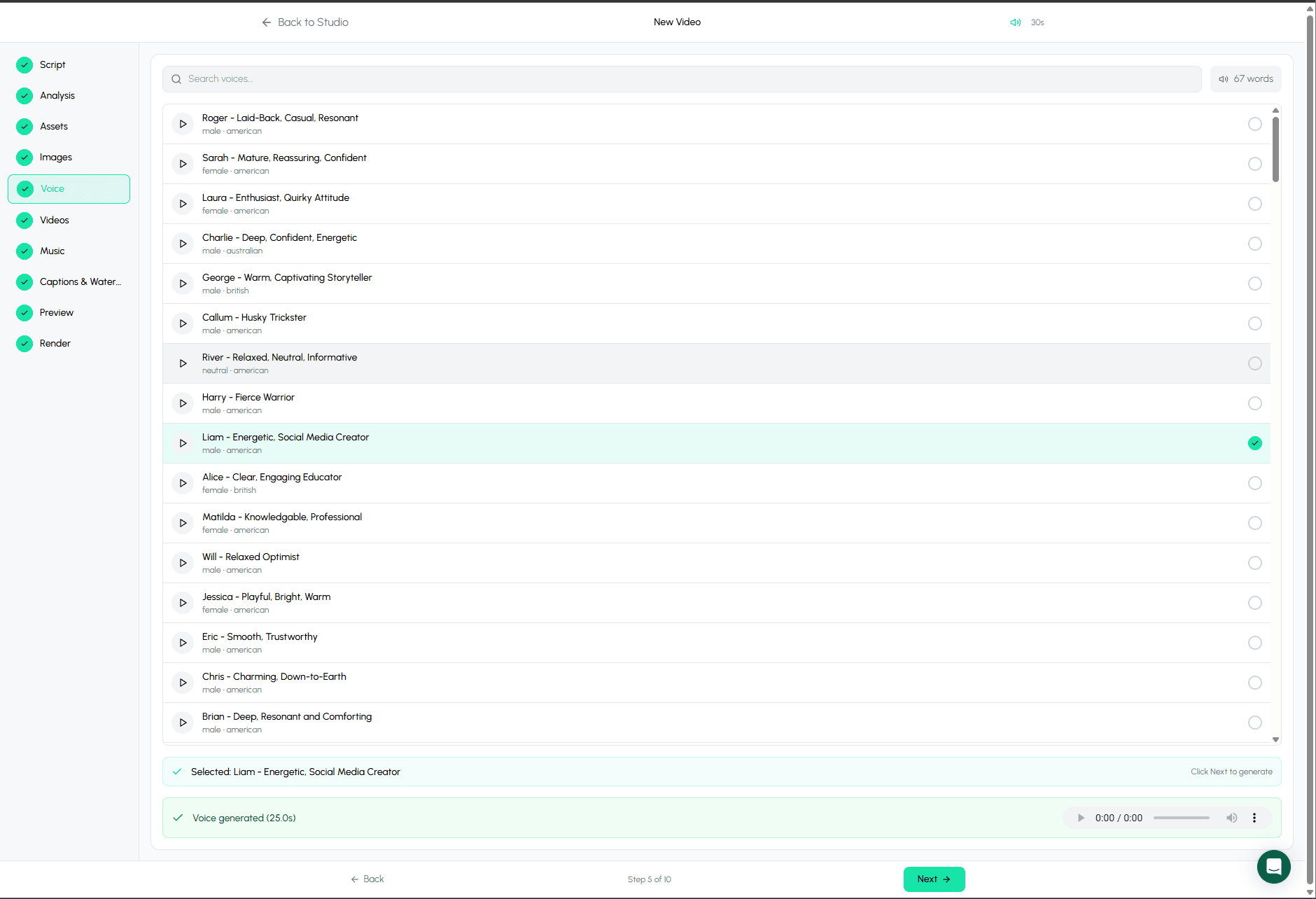 Autoclips voice selection showing 300+ professional voices from ElevenLabs for AI video creation
