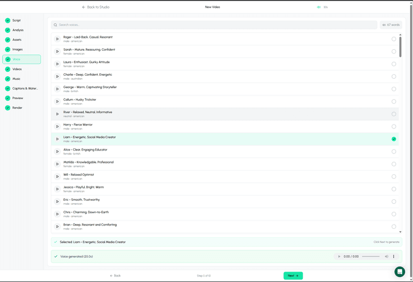 Autoclips voice selection interface showing ElevenLabs integration with 300+ AI voice options for script narration