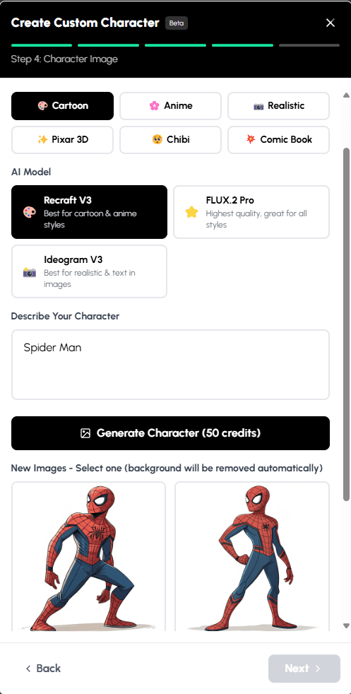 Autoclips custom character creator interface showing style options like Cartoon, Anime, Realistic, Pixar 3D, and AI model selection