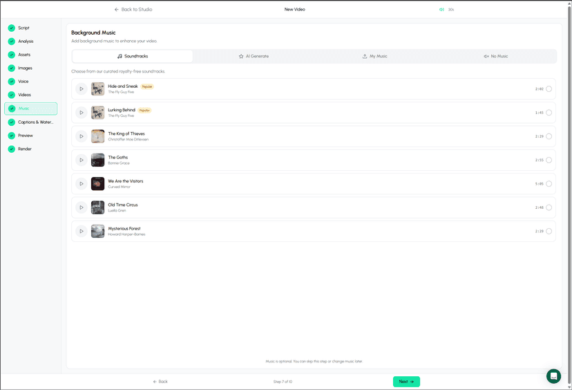Autoclips music selection showing AI music generation, royalty-free library, custom upload, and no music options