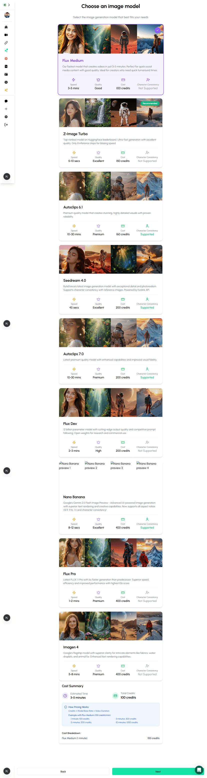 Autoclips AI image model selection showing Realistic, Flux Pro, Ghibli, Old Disney, Anime, Illustration, and Fantasy styles for faceless video generation