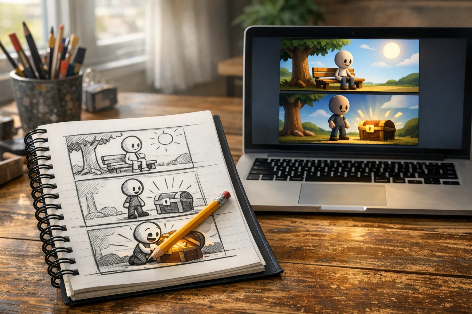 3D animation workflow showing text prompt to finished cinematic video