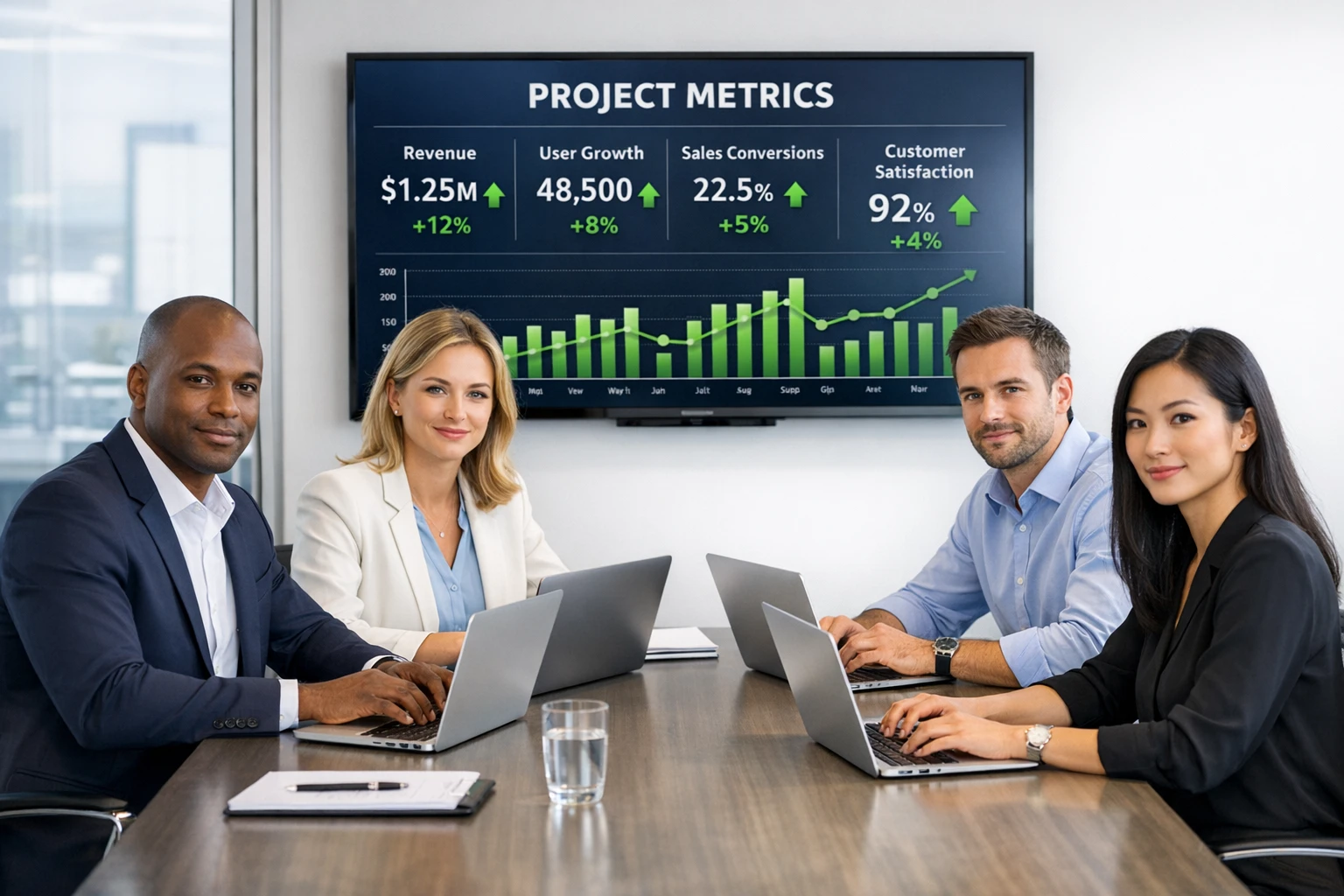Business growth metrics dashboard showing increased followers, traffic, and revenue from AI automated video marketing