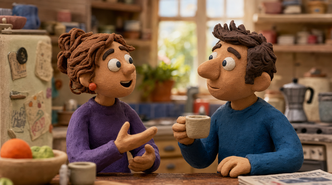 AI claymation video generator output showing two clay characters talking on a miniature kitchen set