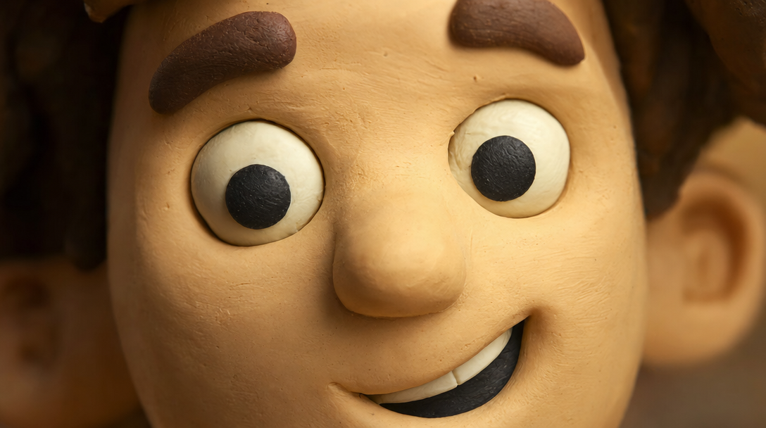Close-up of handmade clay character texture showing the claymation aesthetic