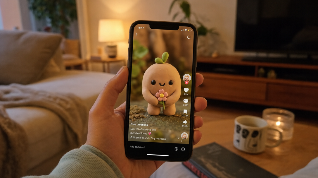 Viral claymation video playing on a phone in a TikTok-style vertical feed