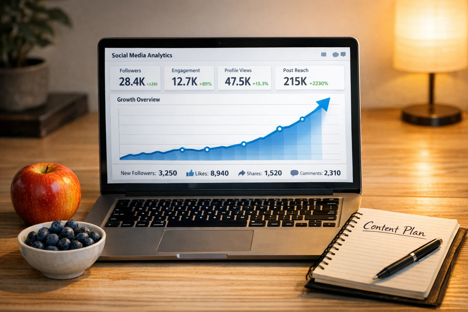 Social media analytics showing growth from AI fruit health content videos