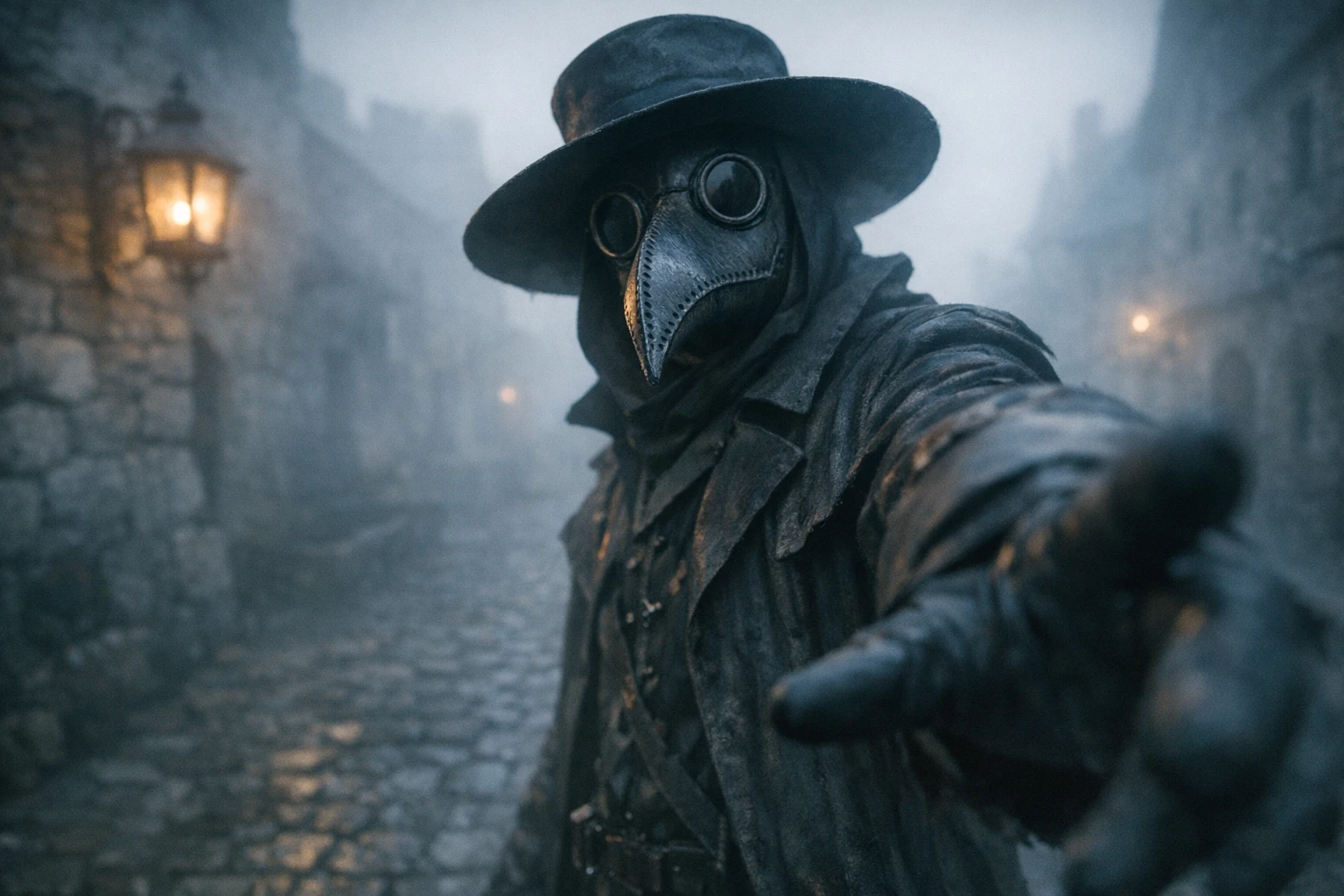 Black Plague POV video style scene of a plague doctor filming a selfie on a foggy medieval street