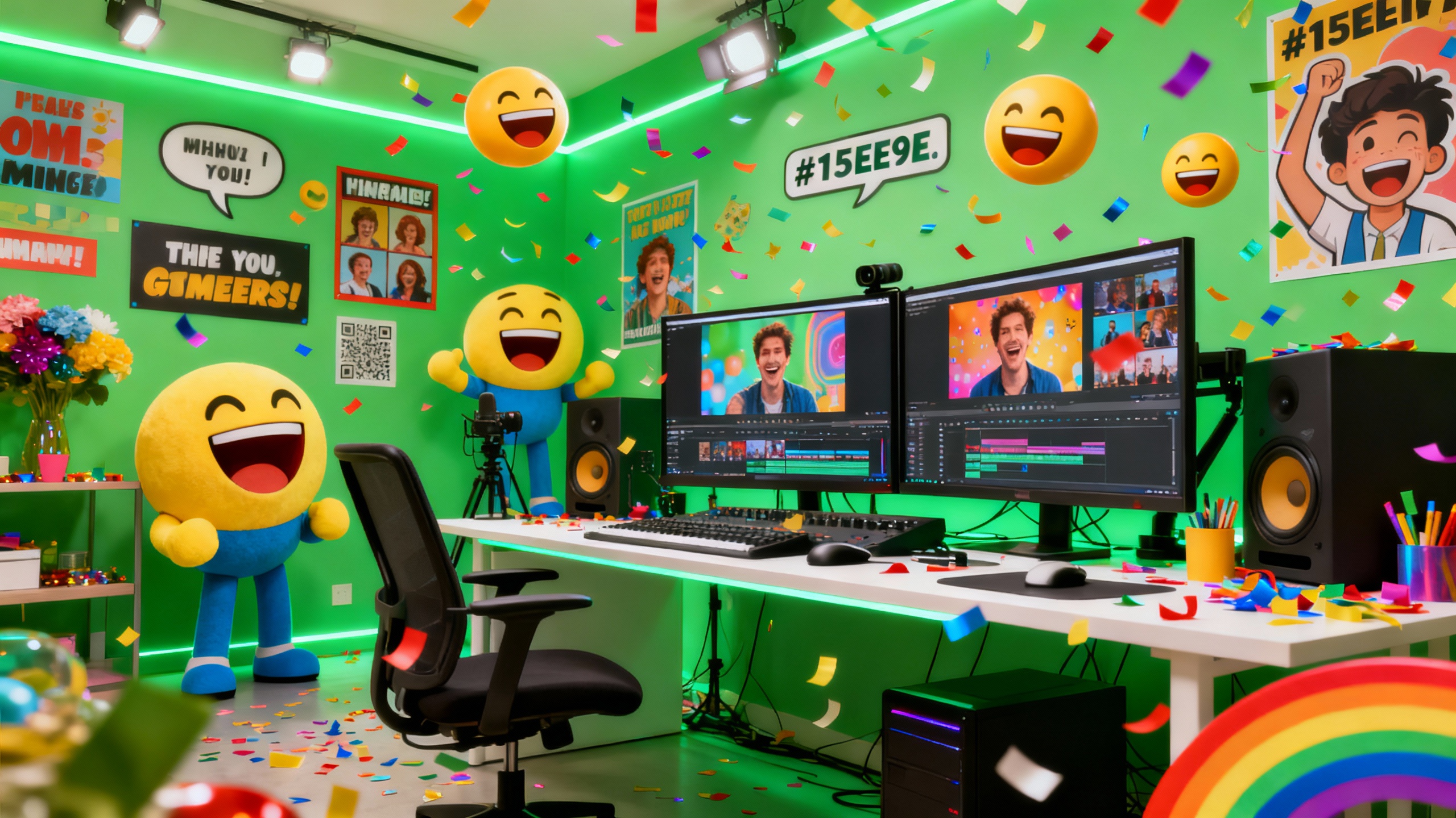Fun comedy content creation workspace with colorful creative studio