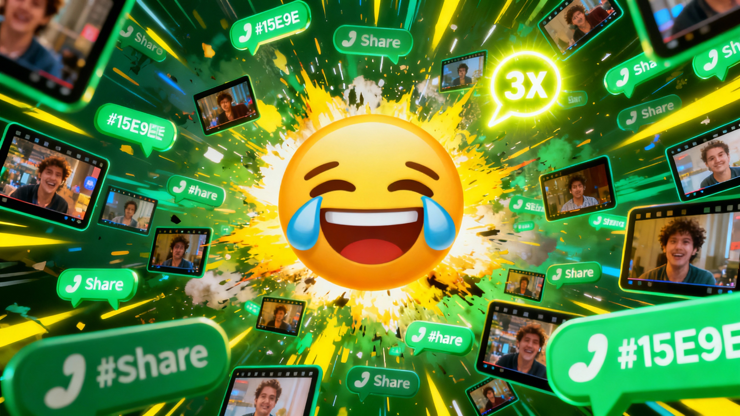 Explosive meme content creation with viral share indicators and laughing emojis