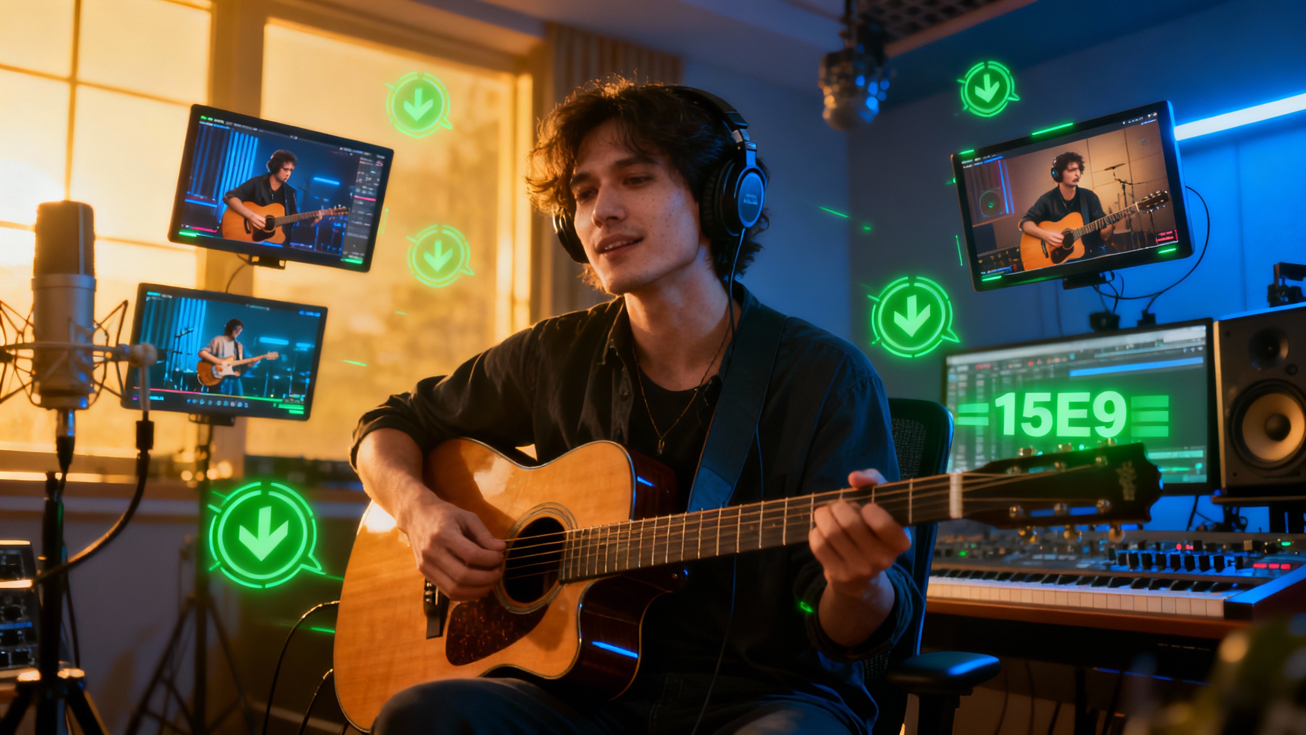 Independent music artist empowered by AI technology with floating video screens