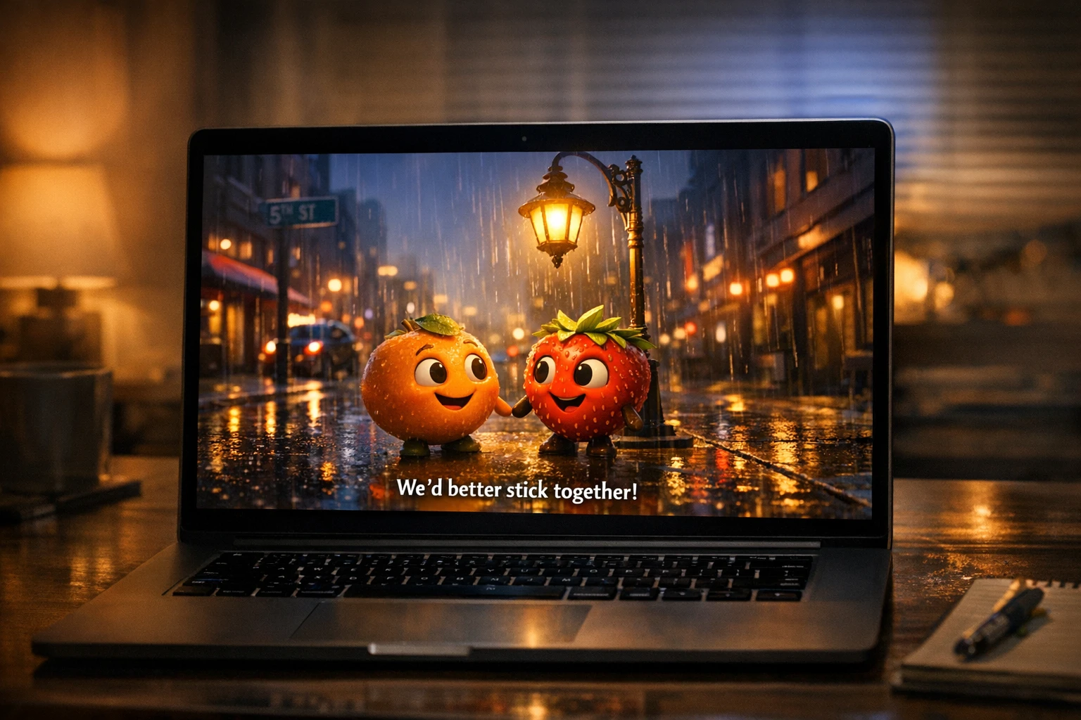 Cinematic still from an AI short film starring a 3D fruit character under dramatic lighting