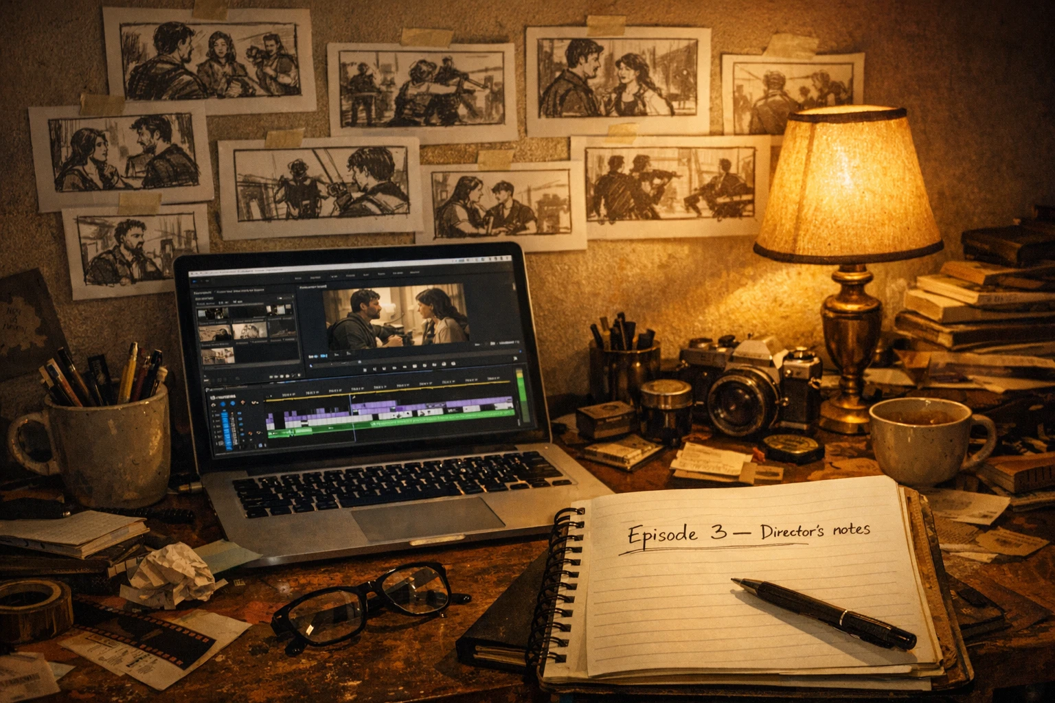 A home filmmaker directing an AI animated short film from a single desk setup