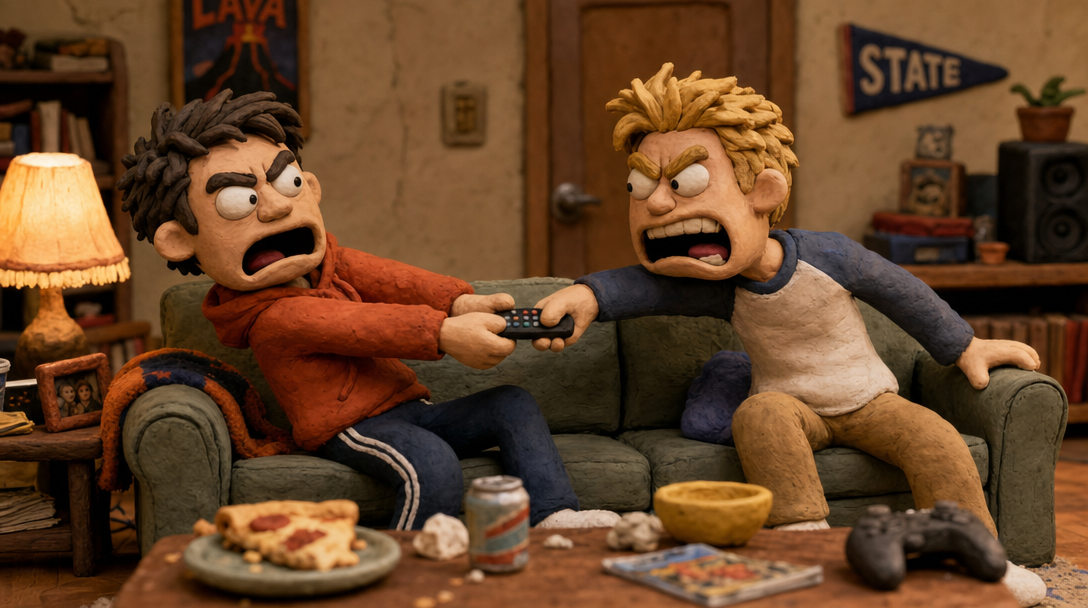 AI skit generator output showing two clay roommates arguing over the TV remote