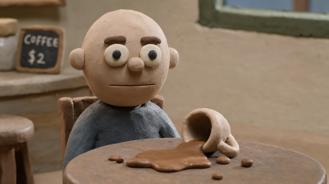 Deadpan clay character face next to spilled coffee showing comedic timing in an AI skit
