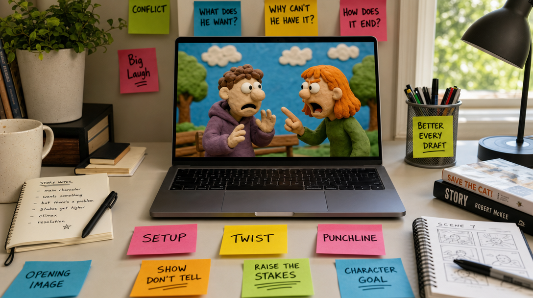 Sticky notes on a desk labeled setup, twist, and punchline showing the anatomy of a comedy skit