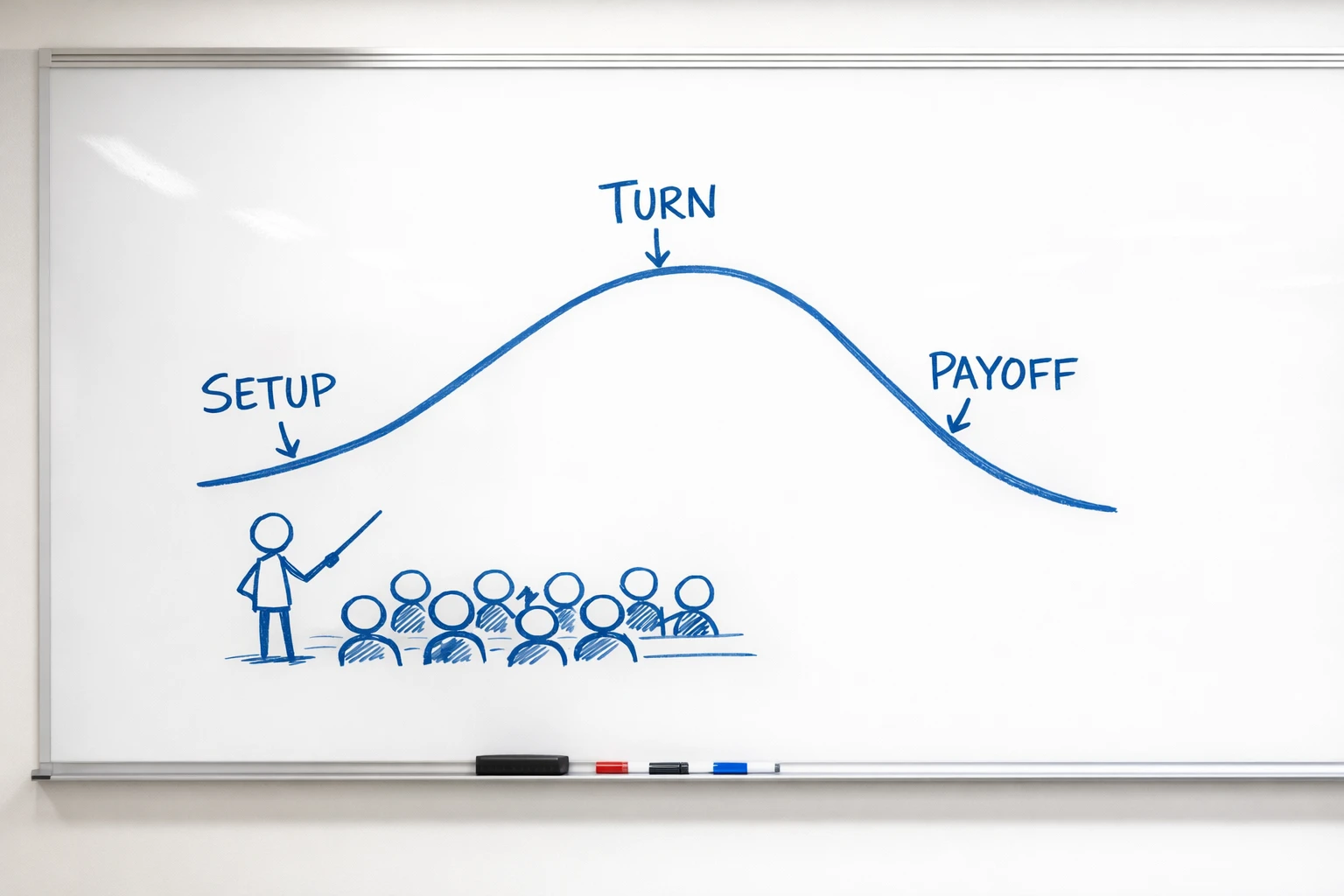 Whiteboard diagram of the three-beat story structure: setup, turn, and gut-punch ending