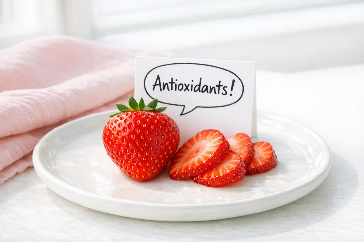 AI strawberry character talking about antioxidants and health benefits