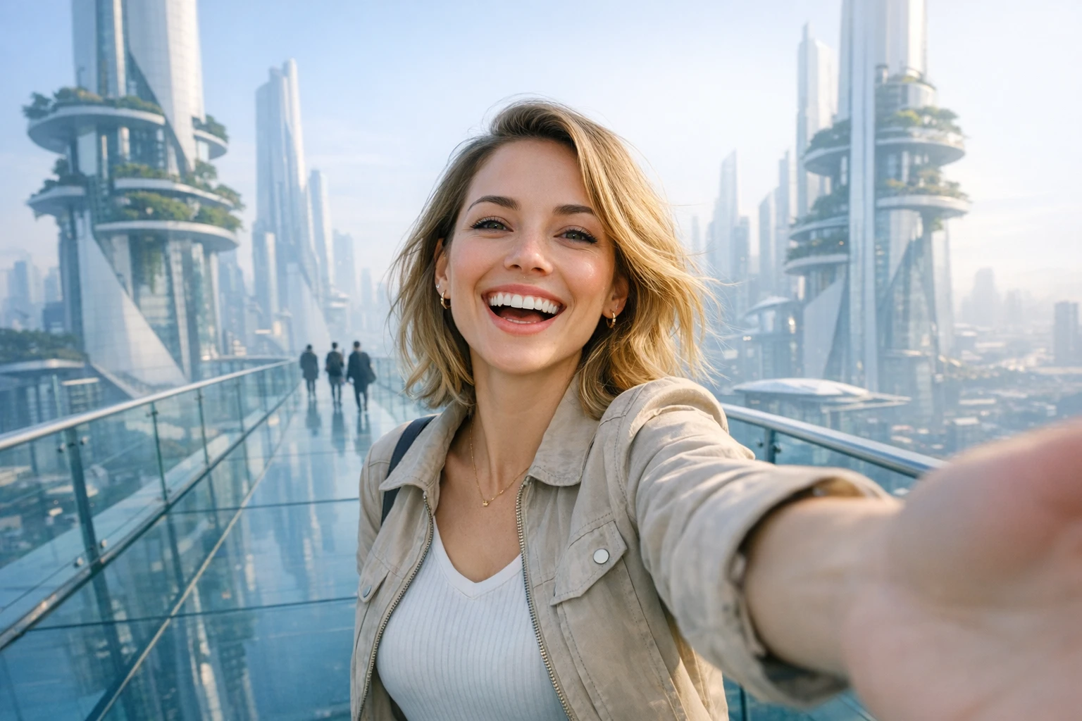 AI time machine video maker concept: a creator filming a selfie vlog on an elevated walkway in a futuristic year-3000 city