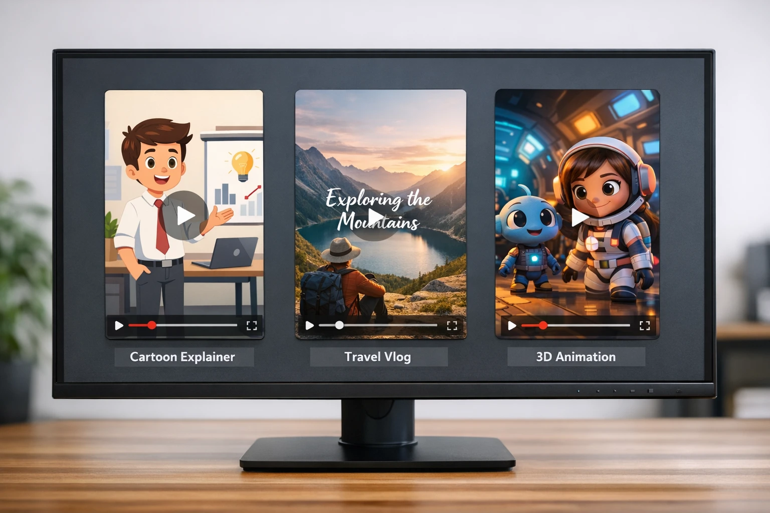 Different AI video output styles including character explainer, faceless video, and 3D animation from text input