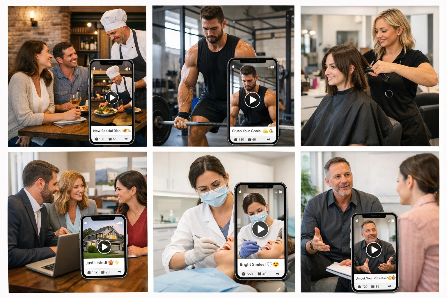 AI video marketing working across multiple industries including restaurants, fitness, real estate, and e-commerce