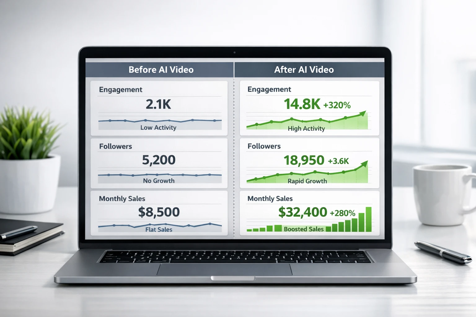 Business growth metrics showing increased reach and engagement from automated AI video marketing
