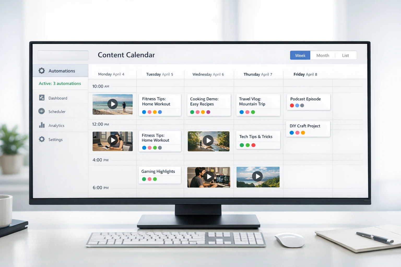 AI video tools automation dashboard showing scheduled posts across platforms