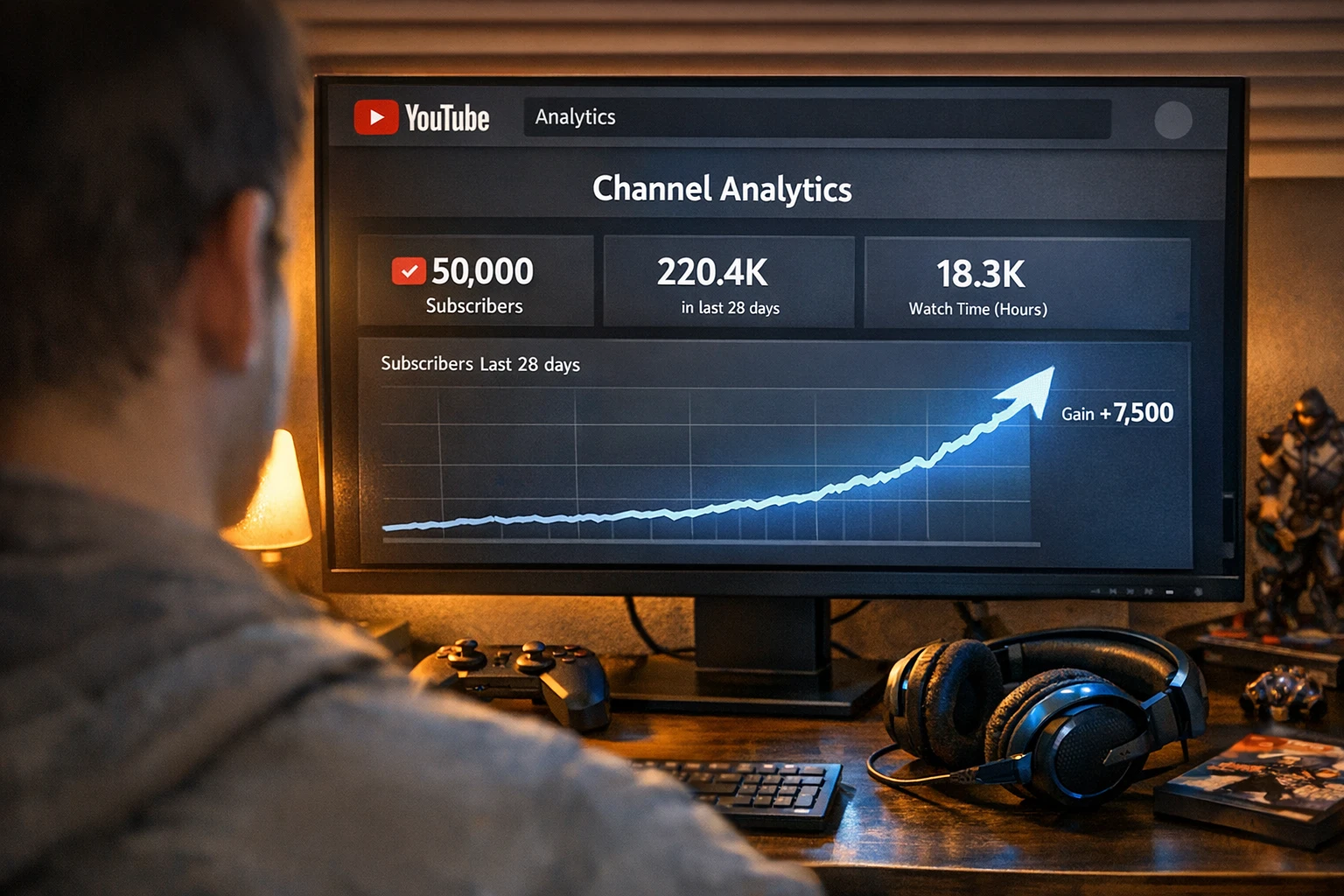 Gaming channel growth with AI voice generator showing views and subscriber increases