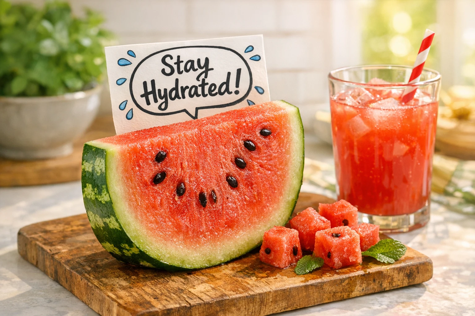 AI watermelon character talking about hydration in a viral summer video