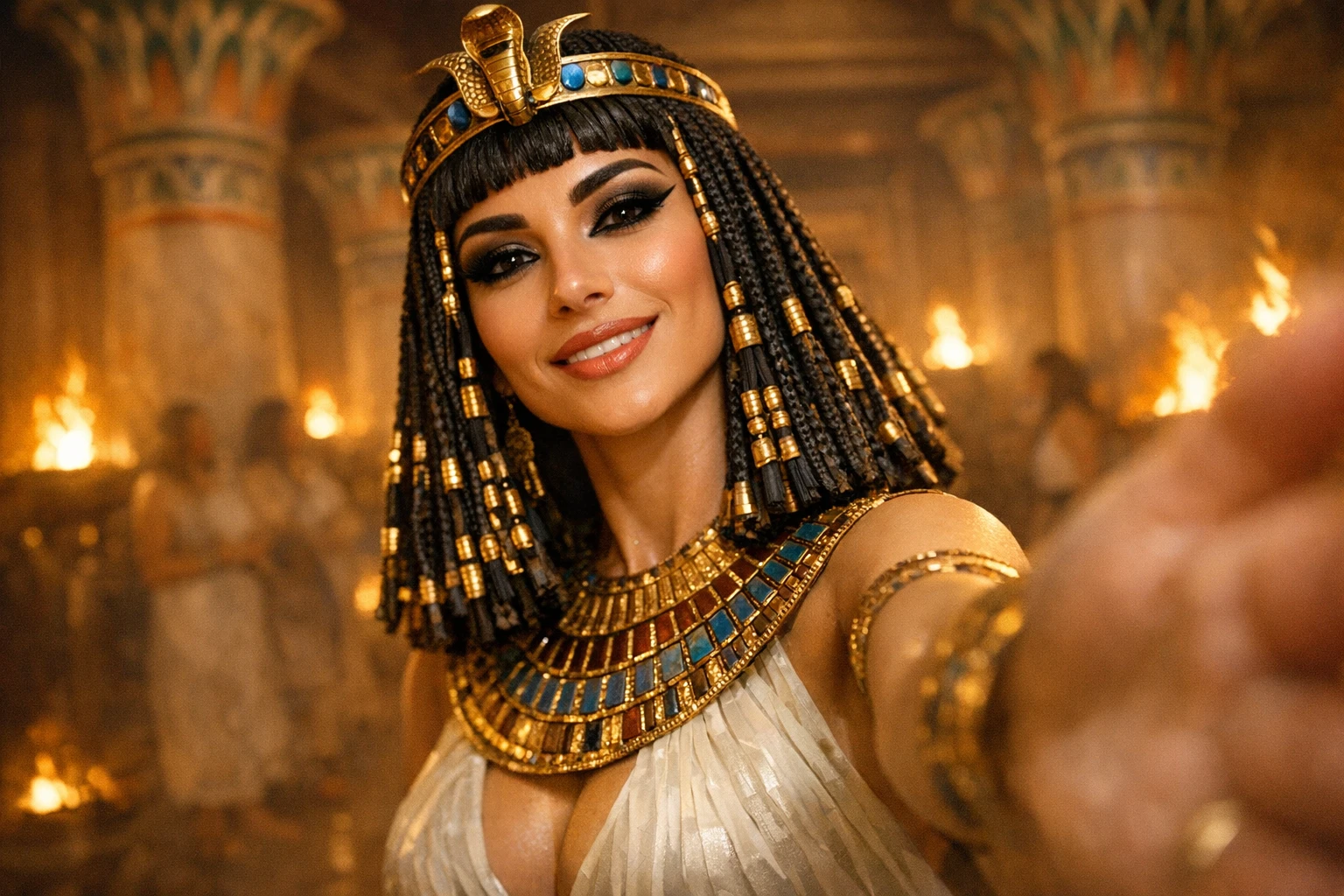 POV you wake up as a pharaoh: a woman in royal Egyptian dress filming a selfie video in a torch-lit palace hall