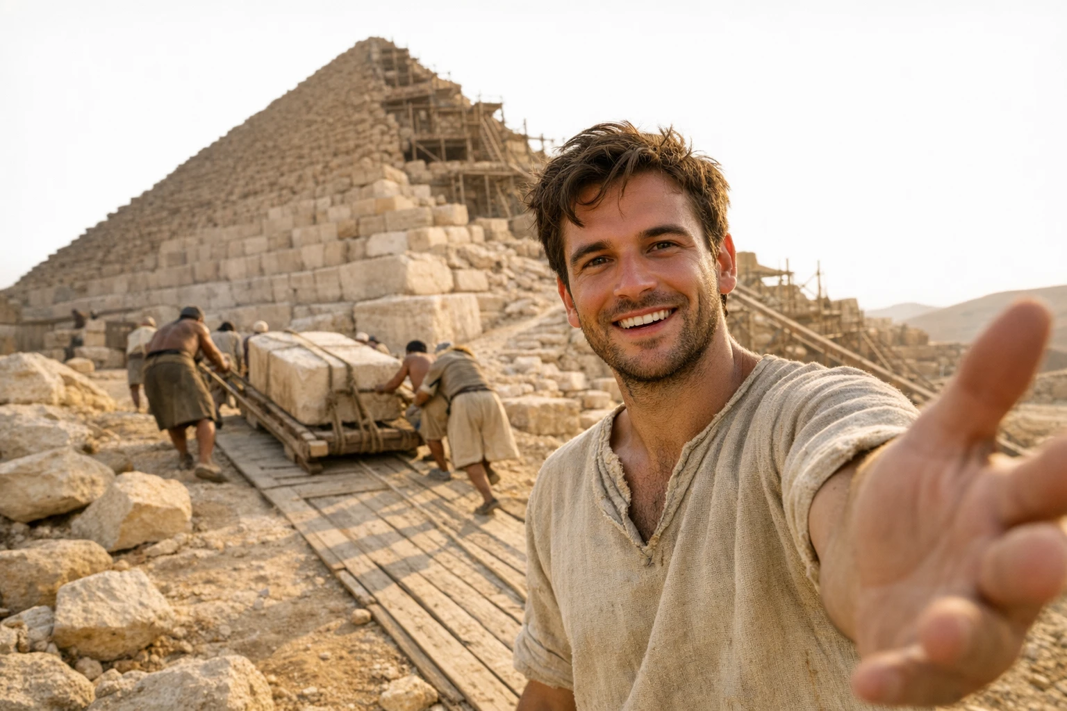 Ancient Egypt AI video concept: a pyramid builder in a linen tunic filming a selfie vlog on a construction ramp beside a half-built pyramid