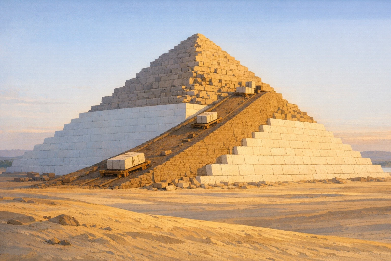 Editorial illustration of the pyramids being built: workers hauling limestone blocks up a mudbrick ramp at dawn in Ancient Egypt