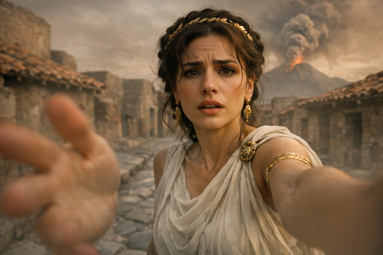 POV you wake up in Pompeii AI video scene: Roman woman filming a selfie vlog as Vesuvius smokes in the distance