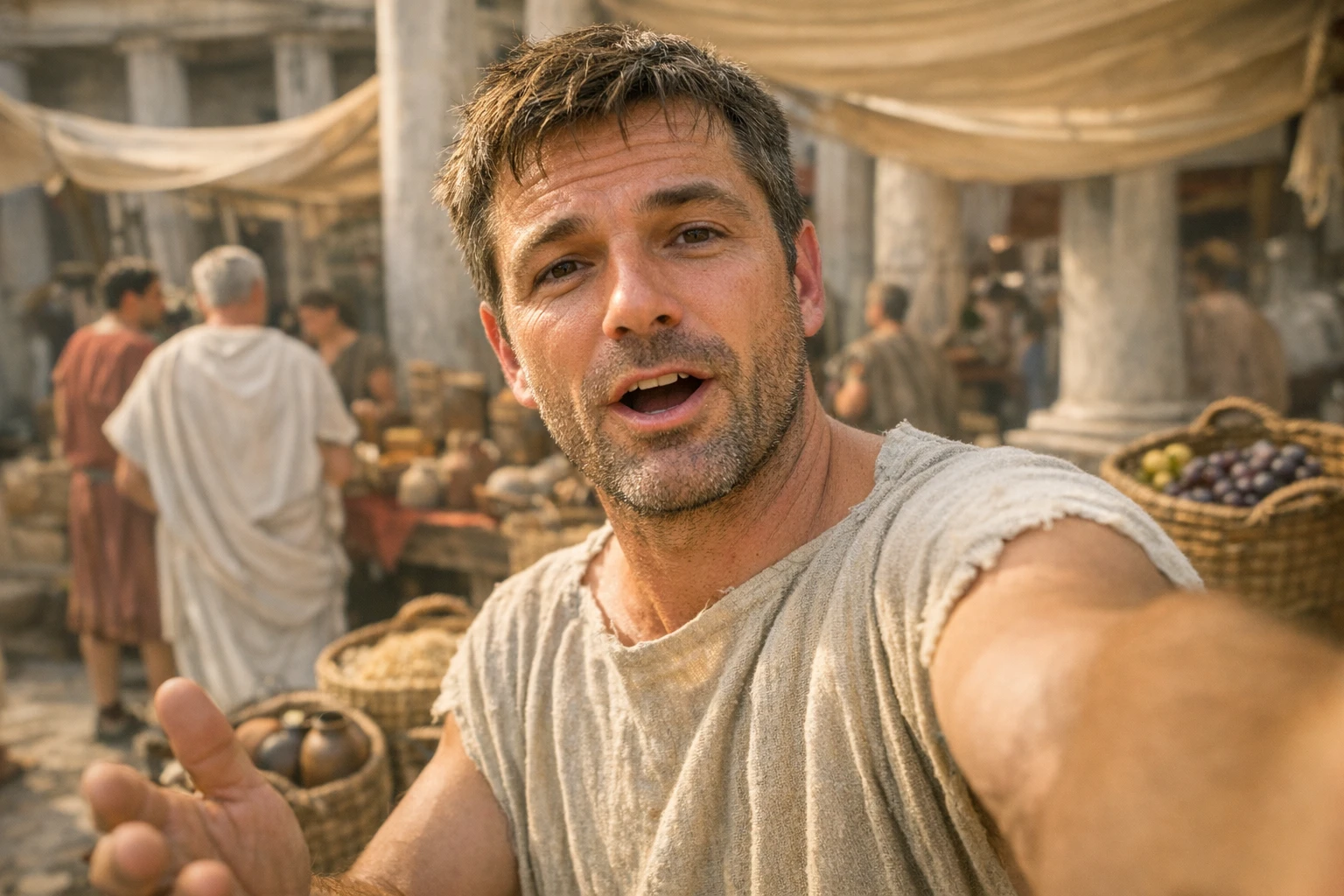 Ancient Rome POV video scene: merchant in a bustling Roman forum market speaking to camera selfie-style