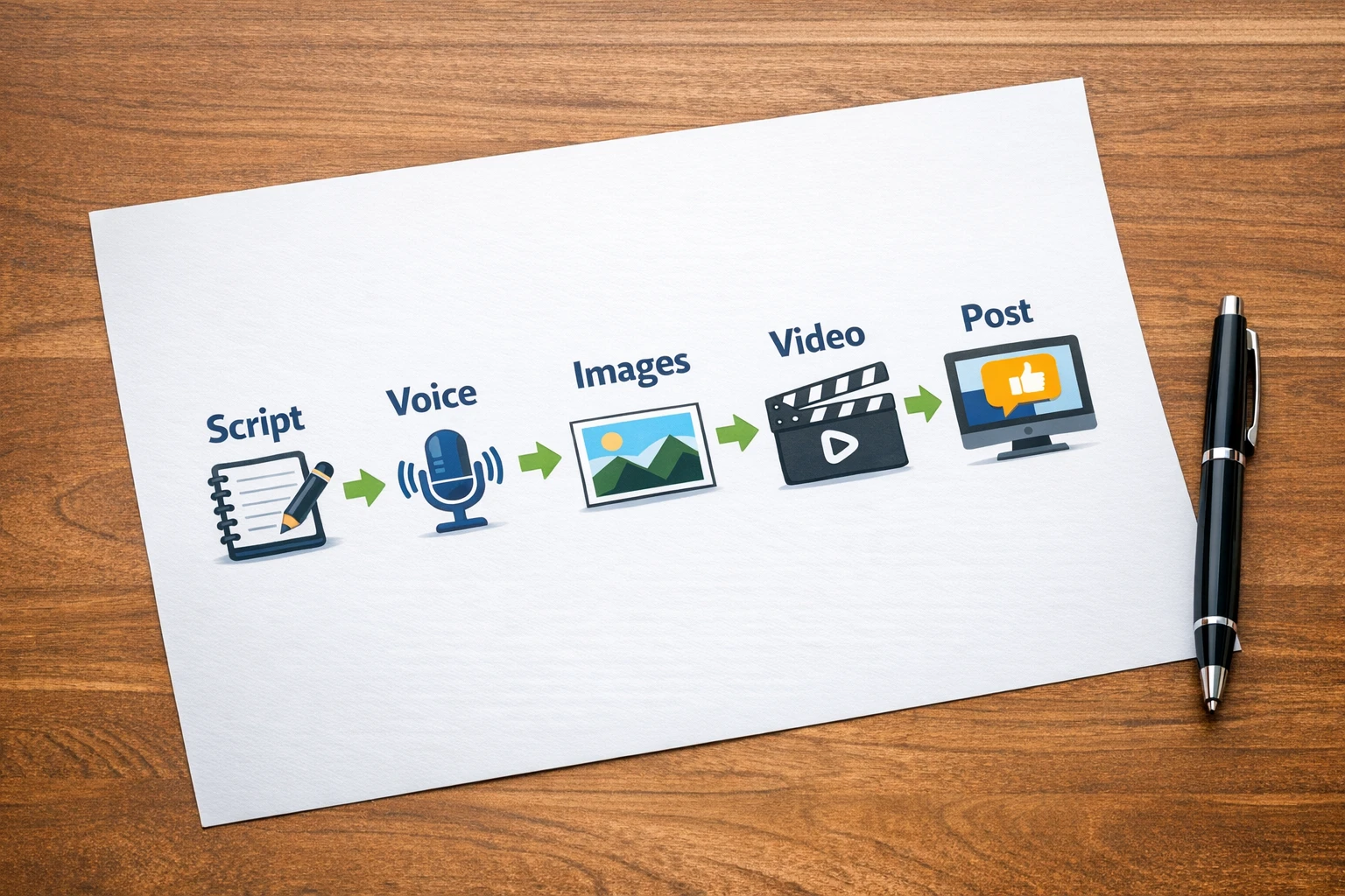 Automatic AI video generator pipeline showing the flow from script to posting across social platforms