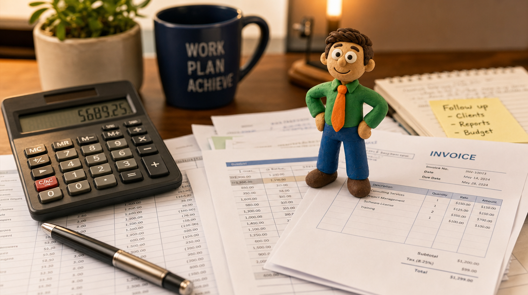 Claymation production budget with invoices, a calculator, and a clay figurine on a desk