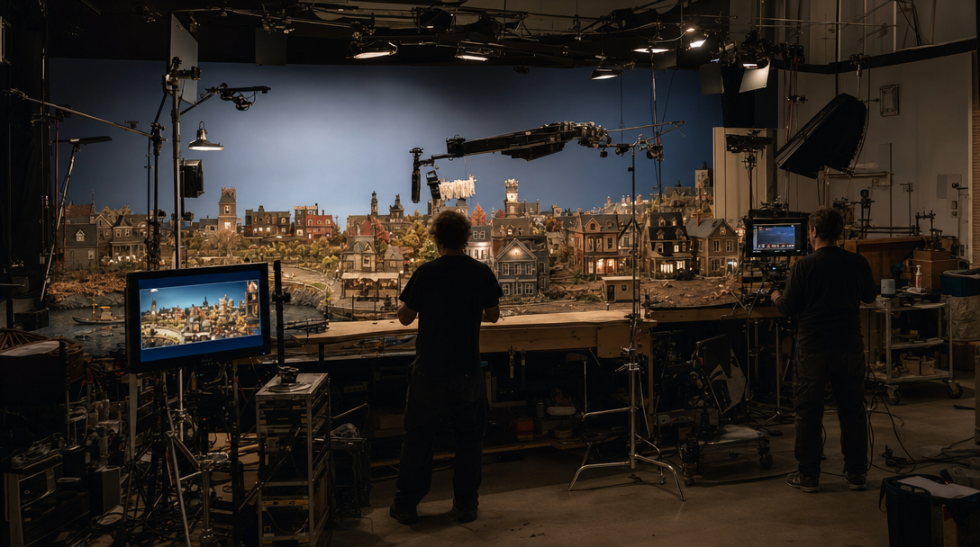 Professional claymation studio set with lighting rigs and miniature scenery
