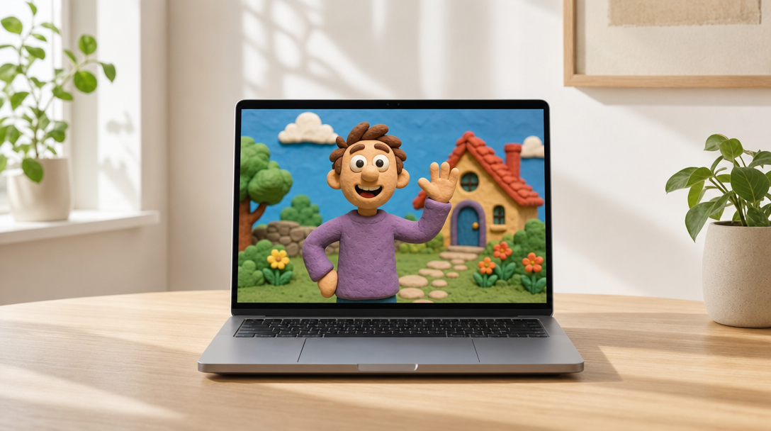 Claymation maker online concept - a single laptop replacing an entire clay animation studio