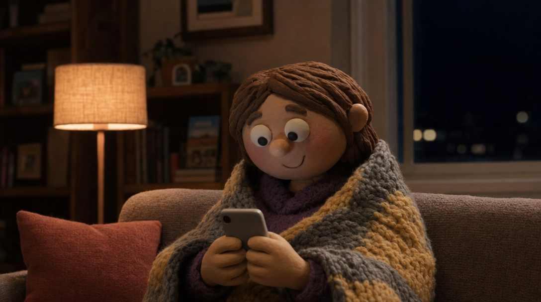 Cozy viewer wrapped in a blanket at night watching claymation videos on TikTok without scrolling away